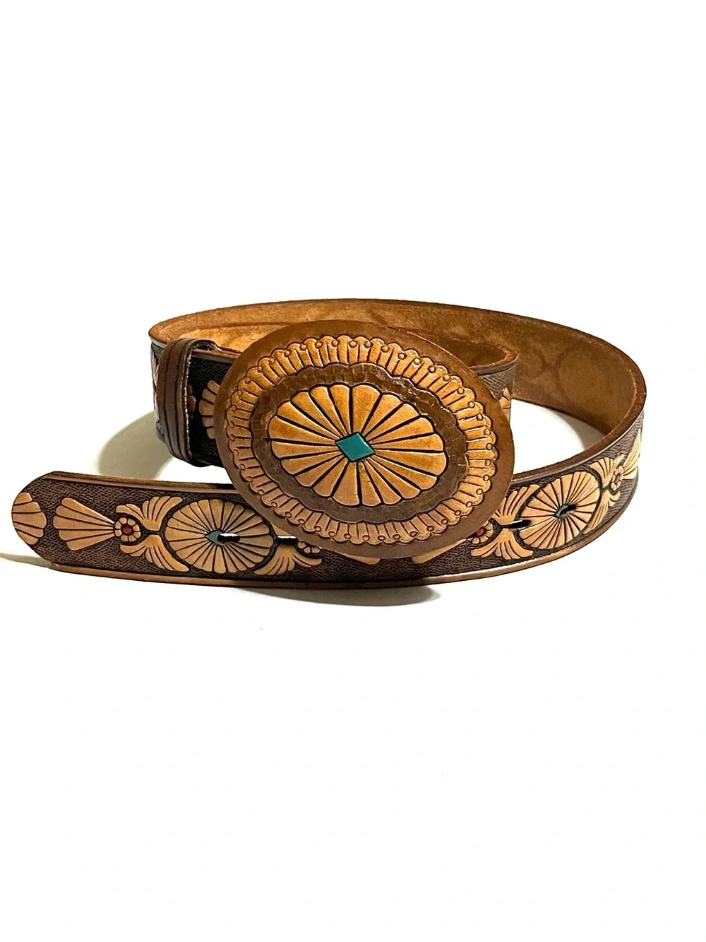 Sears Brown Vintage 70s Tooled Leather Belt with Turquoise Accent - Picture 1 of 8